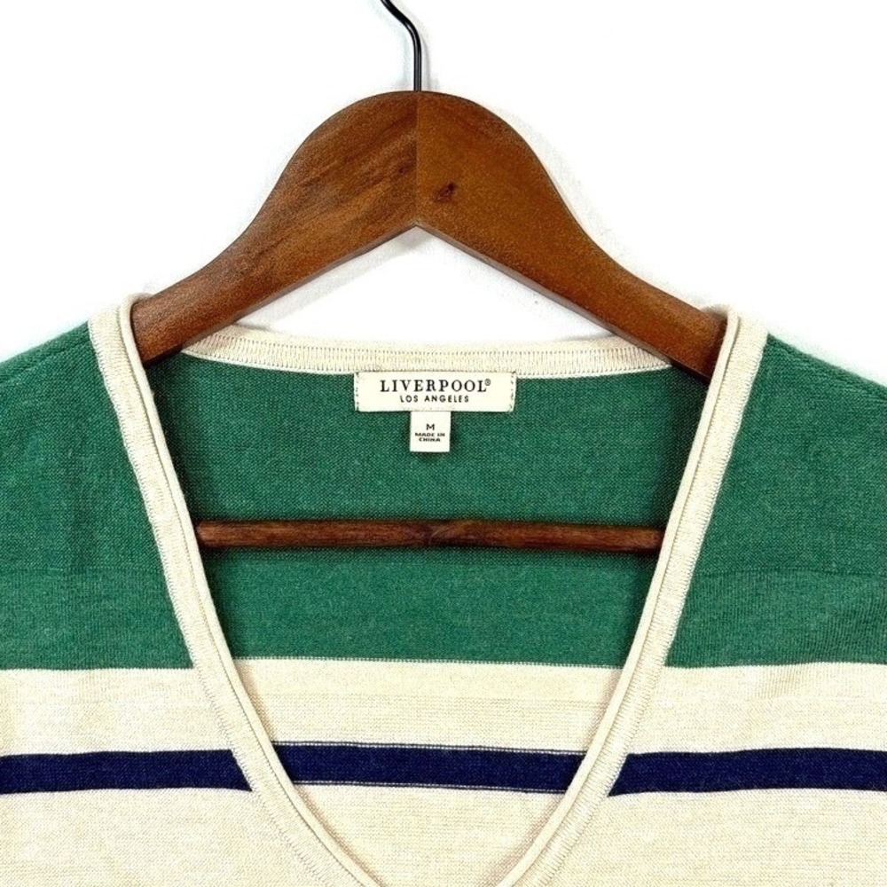 LIVERPOOL, Striped V Neck Sweater, Green Beige Blue,‎ Women's Sz Medium